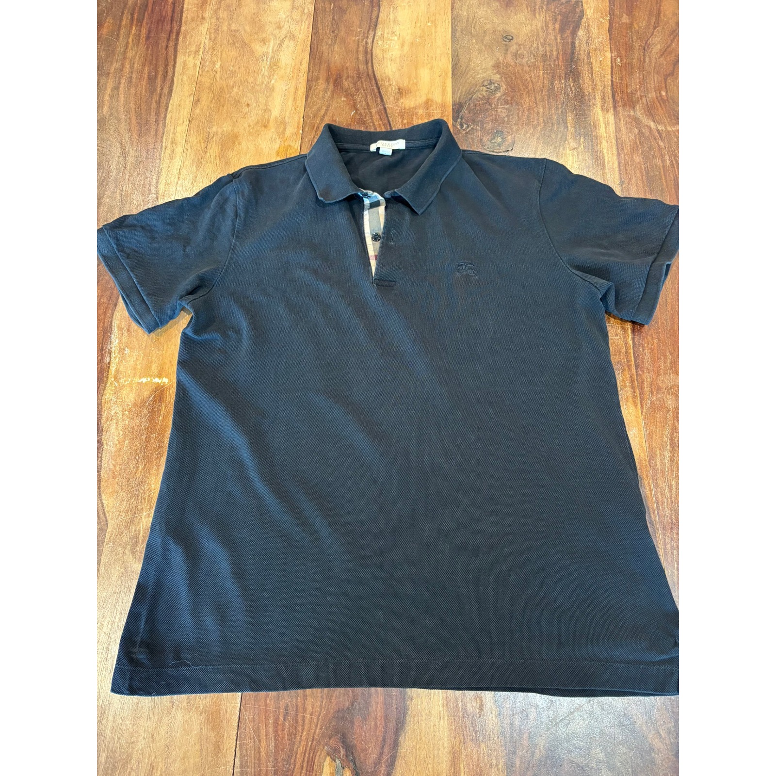 Burberry Brit Mens Black Pique Polo Shirt Nova Check Placket Logo Large Preppy